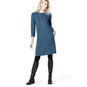 J JILL PURE Textured 3/4 Sleeve Boxy A Line Knit Dress, navy and white